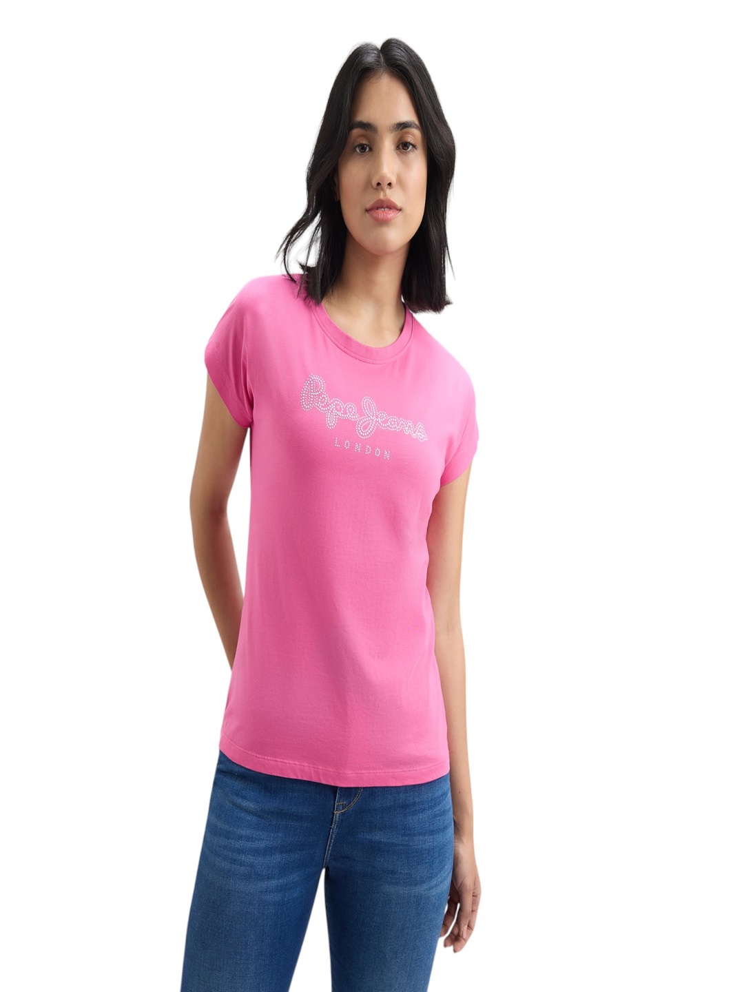 

Pepe Jeans Women Typography Printed Round Neck Cotton T-shirt, Pink