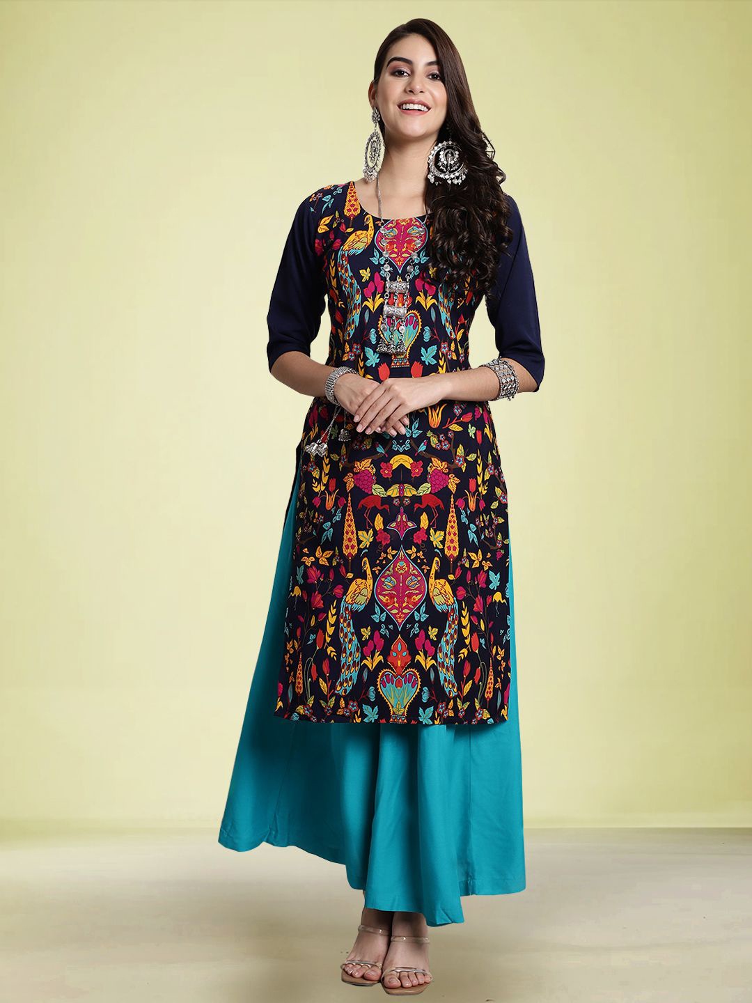 

Moda Rapido Ethnic Motifs Printed Round Neck Straight Kurtas, Black
