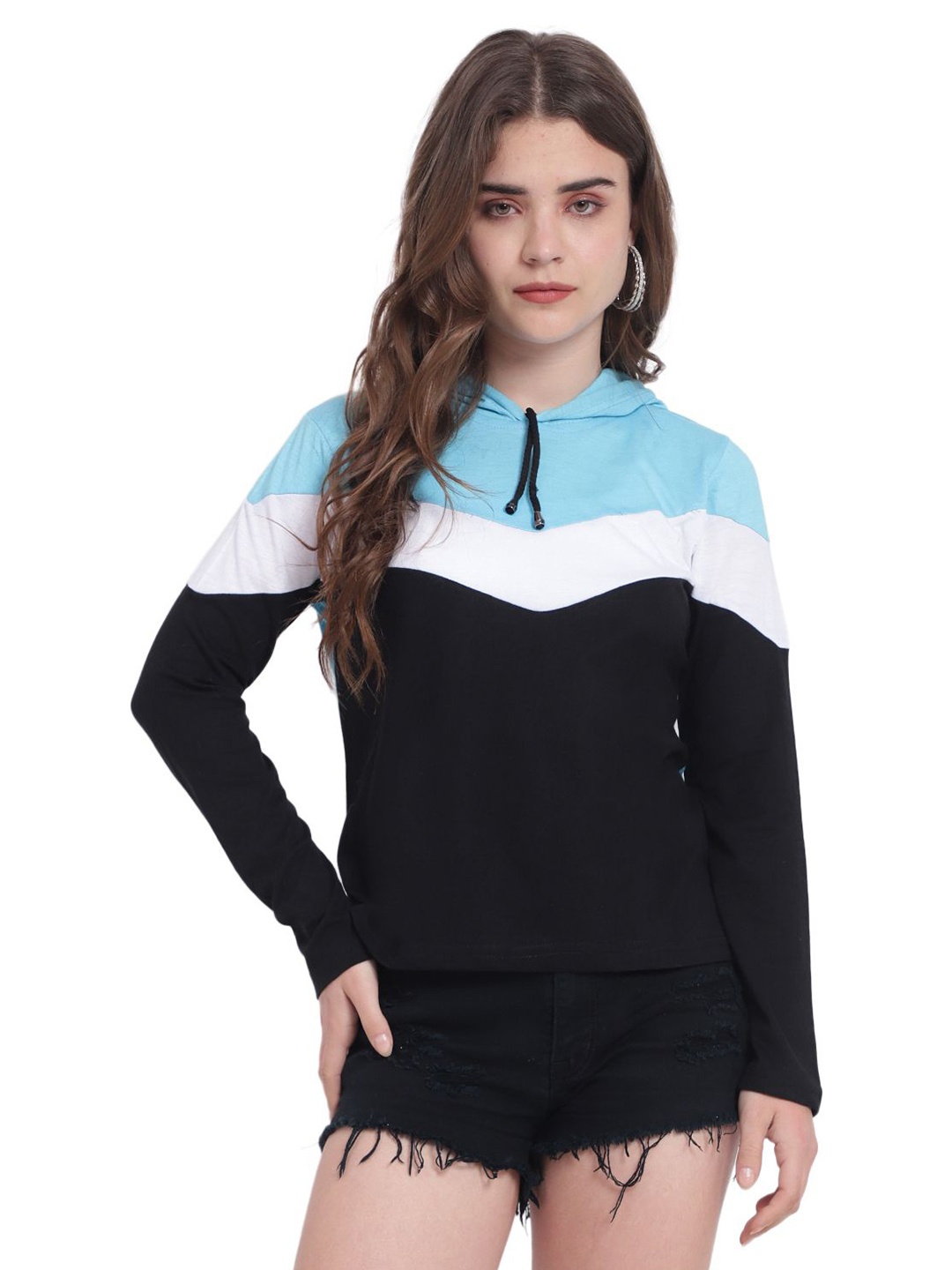 

DEEPMAYRA COLLECTION Women Colourblocked Hooded Cotton T-shirt, Turquoise blue