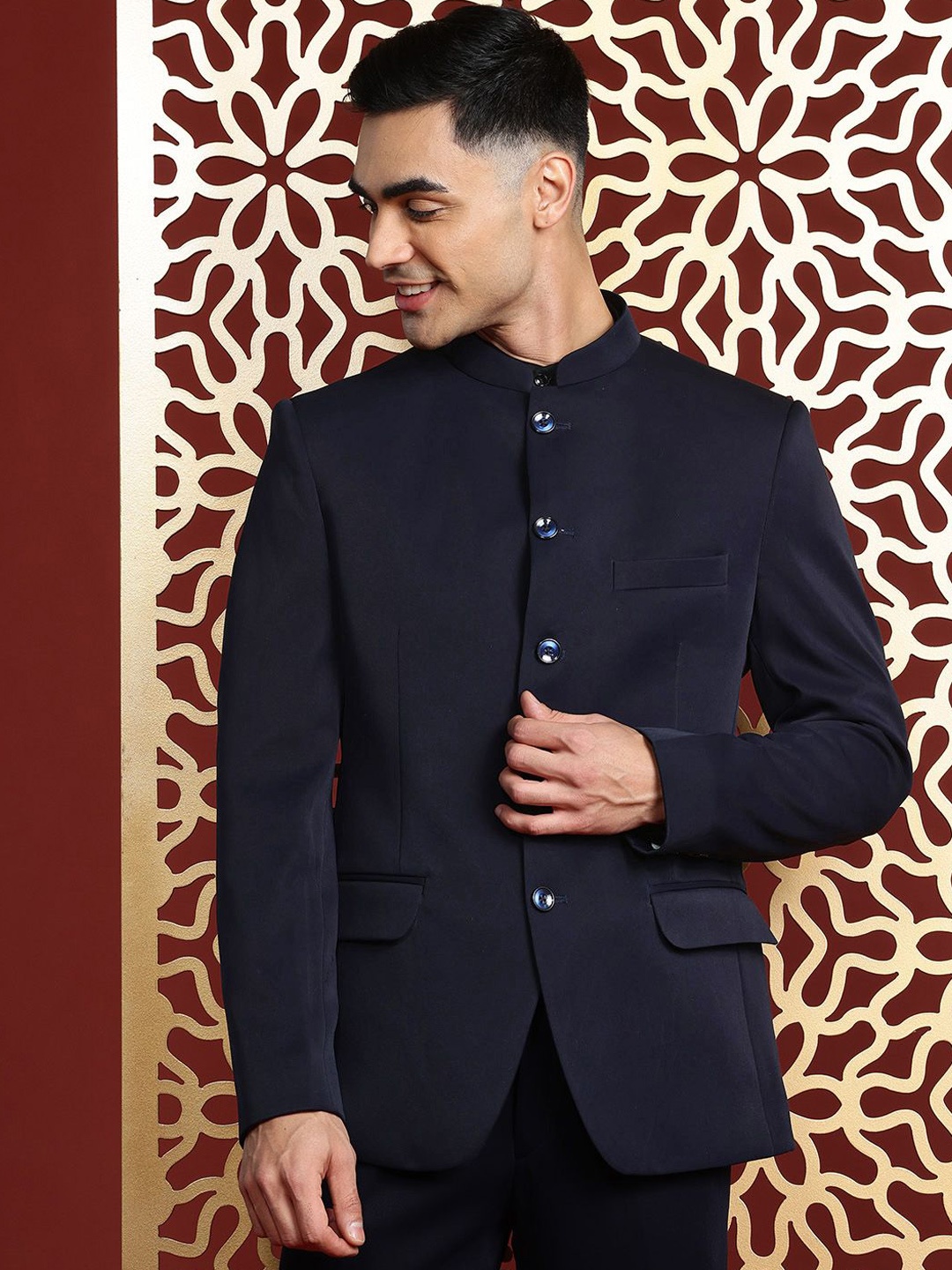 

MANQ Mandarin Collar Slim-Fit Bandhgala Single-Breasted Blazer, Navy blue