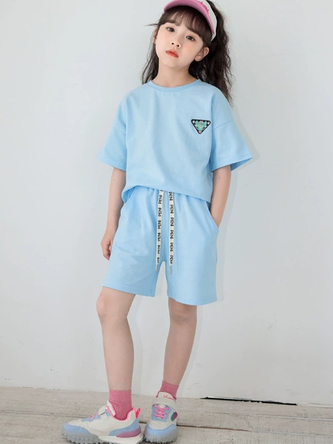 

LULU & SKY Girls Round Neck Pure Cotton T-Shirt With Shorts, Blue