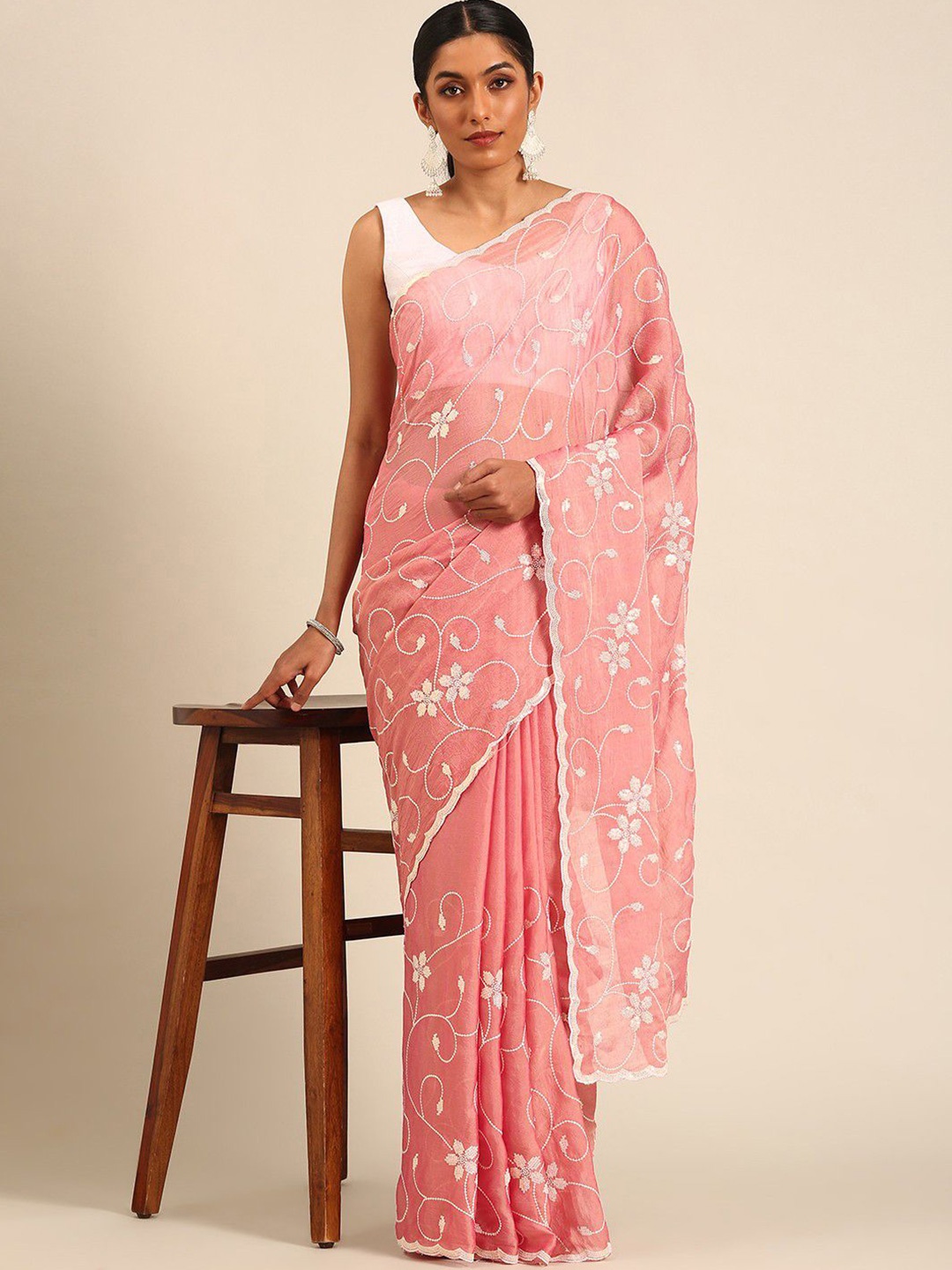 

Panzora Floral Embroidery Sequinned Saree, Pink