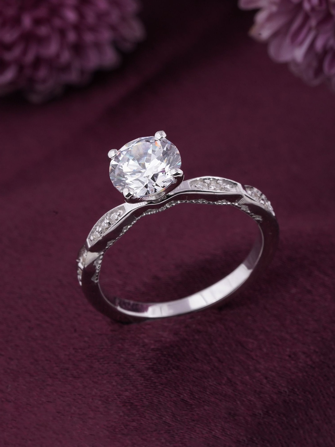 

Zalkari 925 Sterling Sliver Rhodium-Plated Cubic Zirconia-Studded Adjustable Finger Ring, Silver