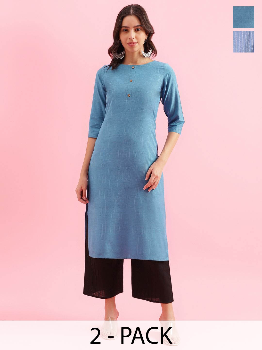 

KALINI Selection Of 2 Striped Woven Design Round Neck Straight Kurtas, Blue