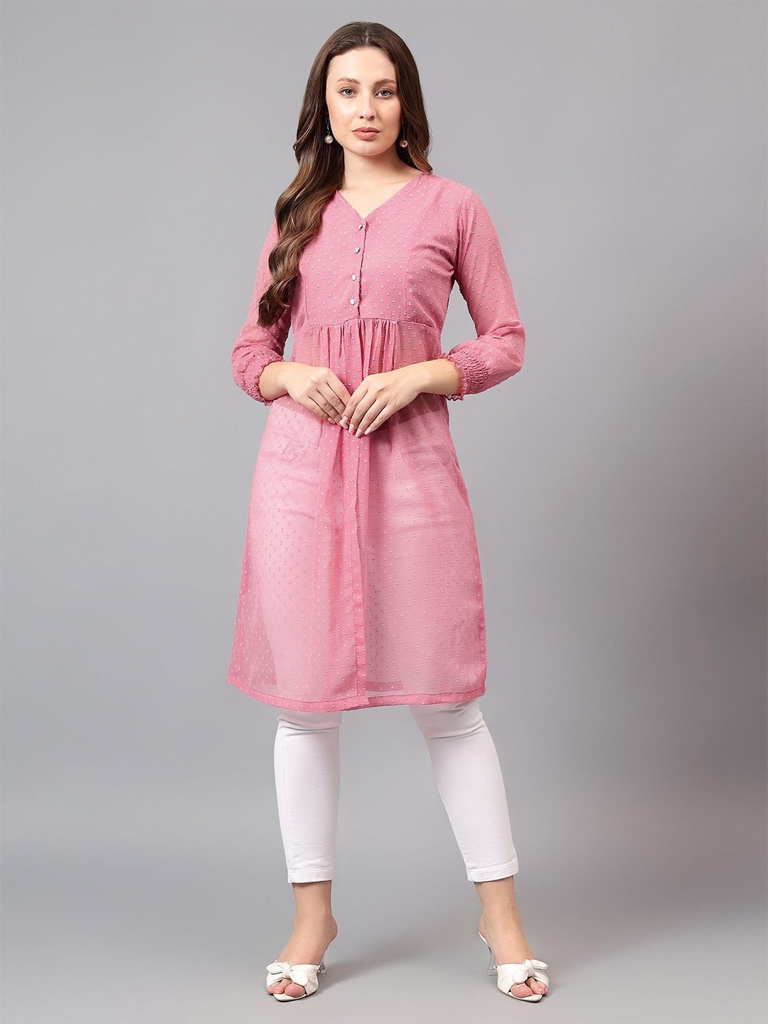 

Bright Nex Women Puff Sleeve Georgette A-Line Dress, Pink