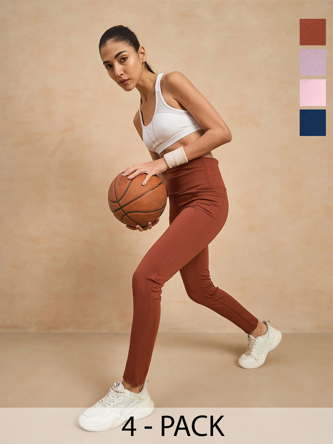 

COLOR CAPITAL Women Pack of 4 Skinny Fit Antimicrobial Ankle Length Gym Tights, Rust