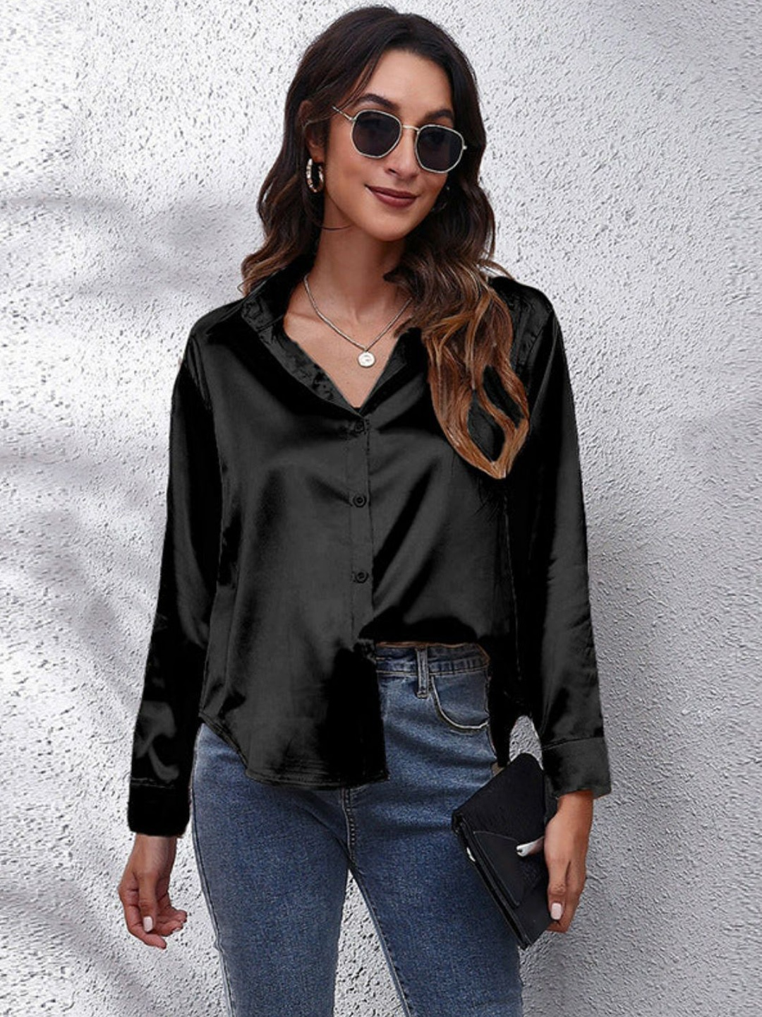 

Oh Rare Women Spread Collar Solid Casual Shirt, Black