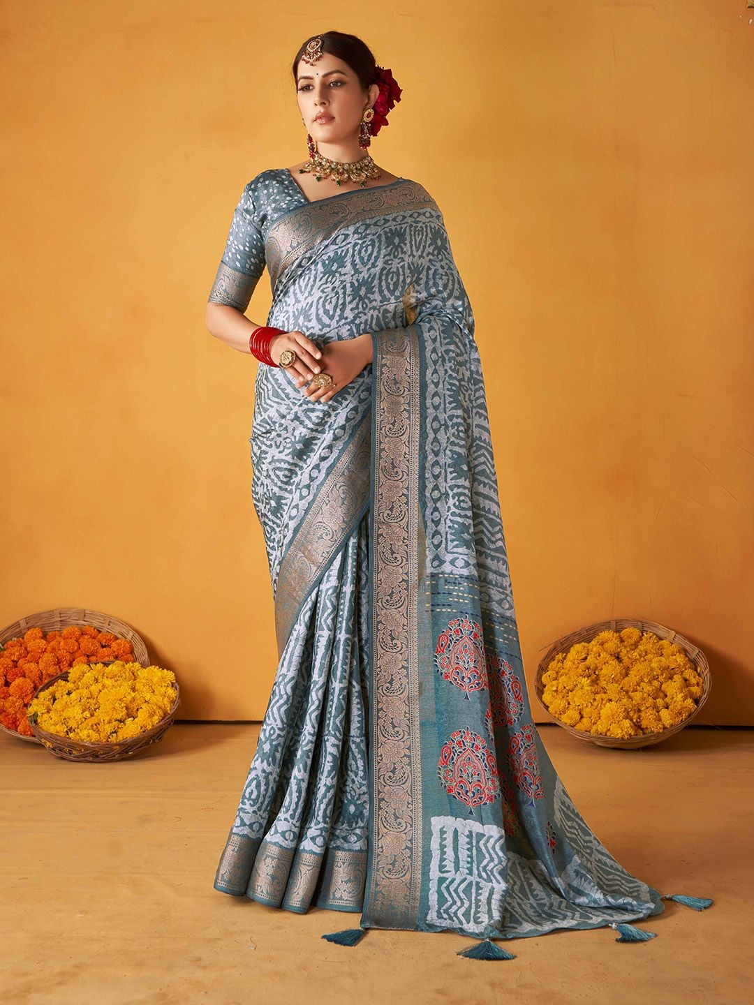 

Meena Bazaar Ethnic Motifs Printed Zari Saree, Grey