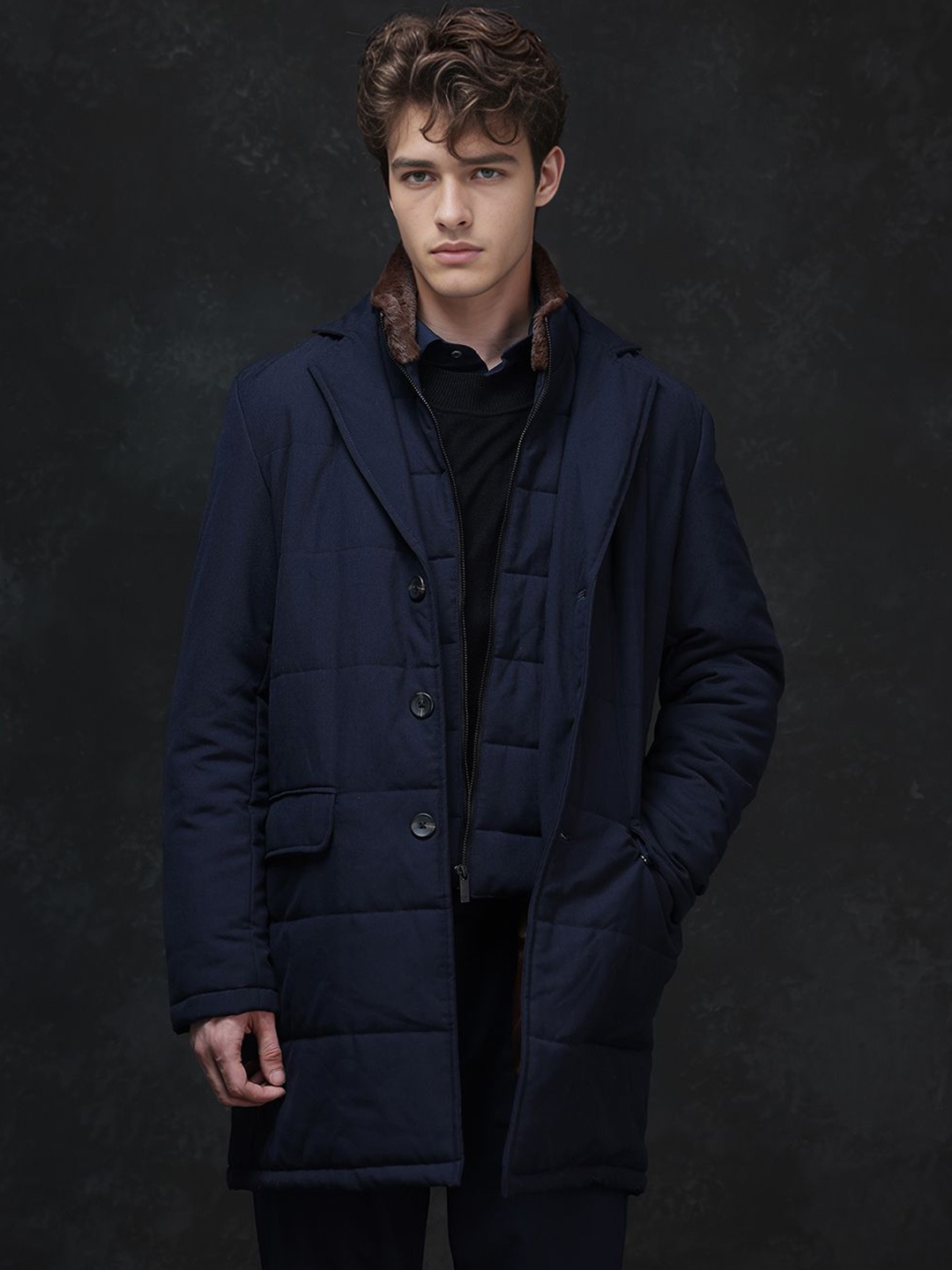 

RARE RABBIT Men Stand Collar Solid Casual Tailored Jacket, Navy blue