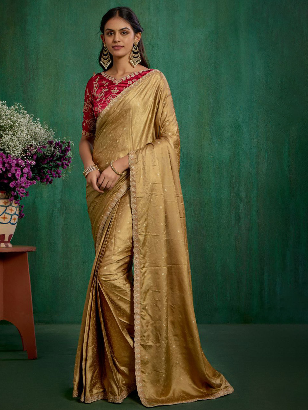 

TIRA Embellished Embroidered Satin Saree, Brown