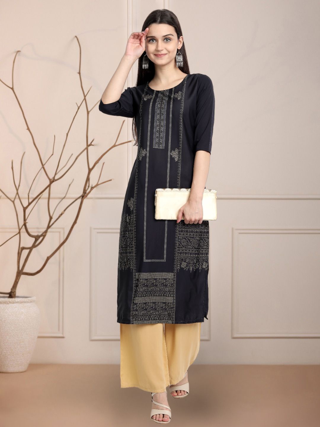 

Moda Rapido Geometric Printed Straight Kurta, Black