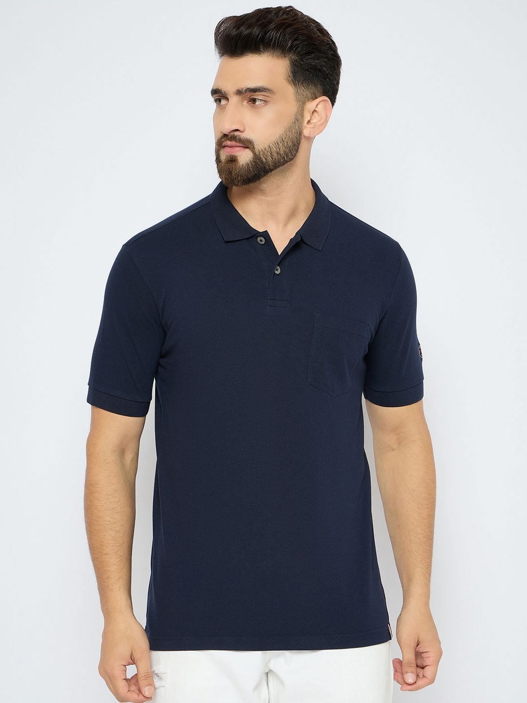 

AXMANN Men Solid Polo Collar Cotton T-shirt, Navy blue