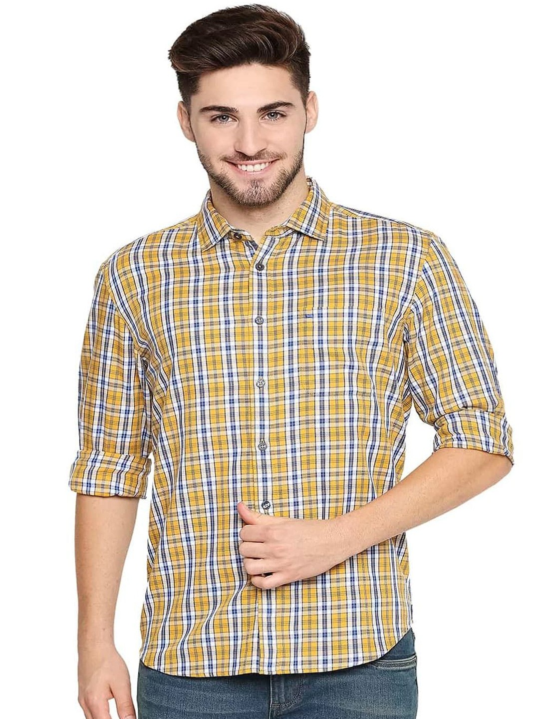 

Basics Men Slim Fit Spread Collar Tartan Checked Cotton Casual Shirt, Yellow