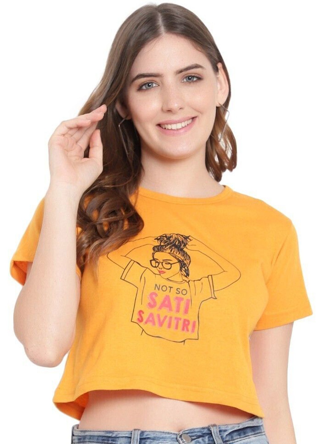

DEEPMAYRA COLLECTION Print Cotton High-Low Crop Top, Yellow