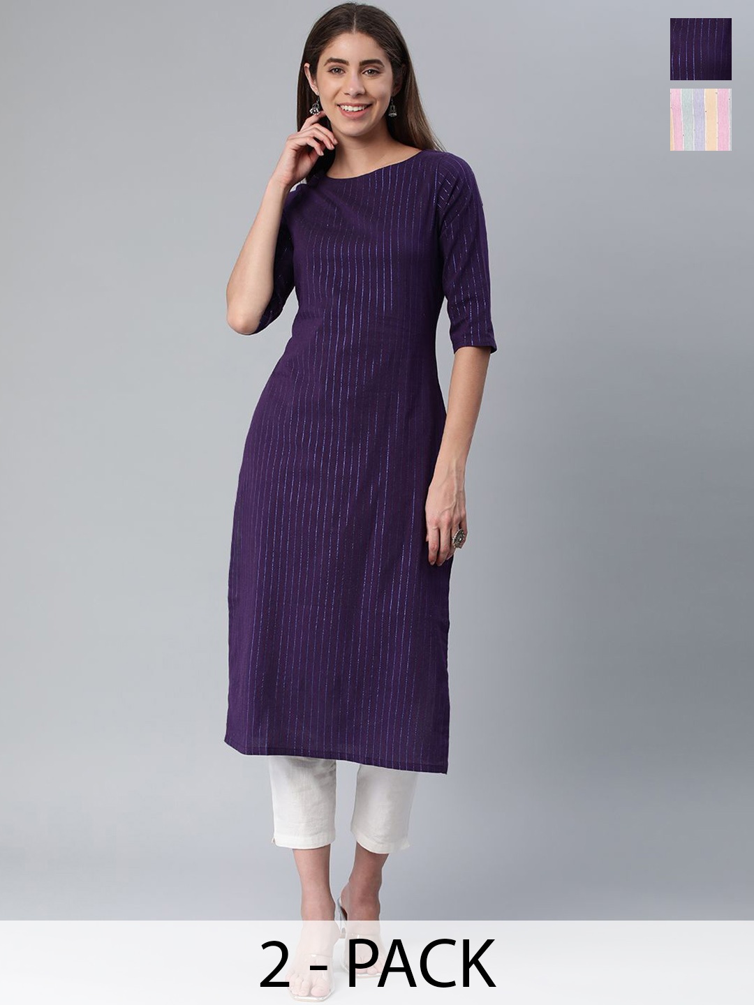 

KALINI Selection Of 2 Striped Round Neck Straight Kurtas, Violet