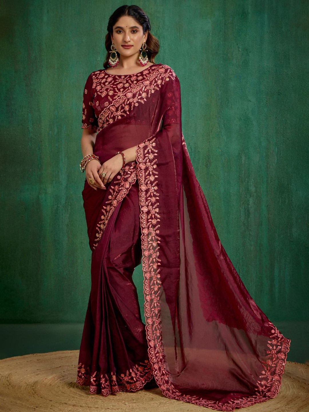 

TIRA Embroidered Ready to Wear Saree, Maroon