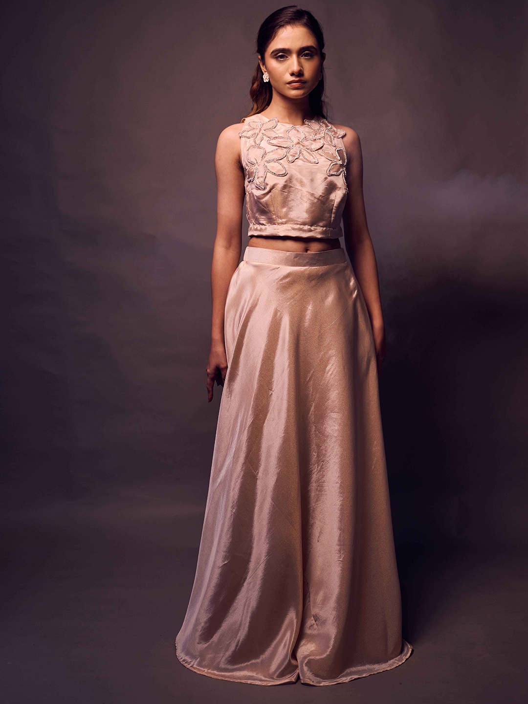 

WEAVING CULT Floral Embellished Sleeveless Top With Skirts, Rose gold