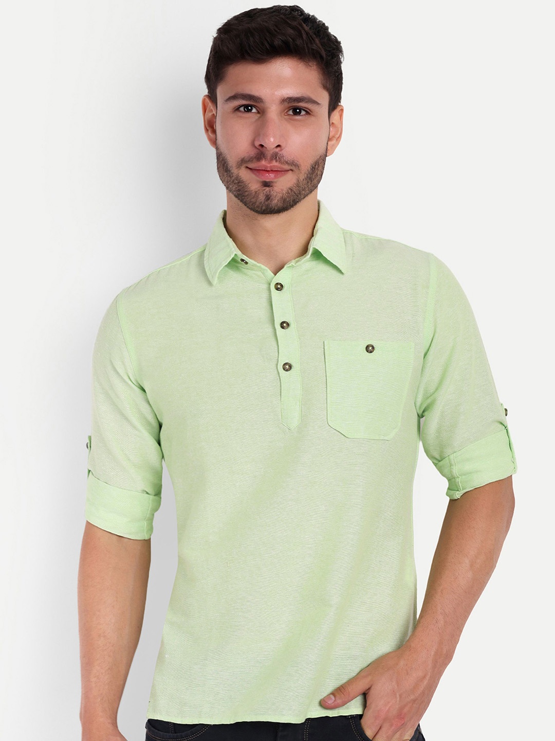 

LIFE ROADS Shirt Collar Roll-Up Sleeves Pure Cotton Straight Short Kurta, Sea green