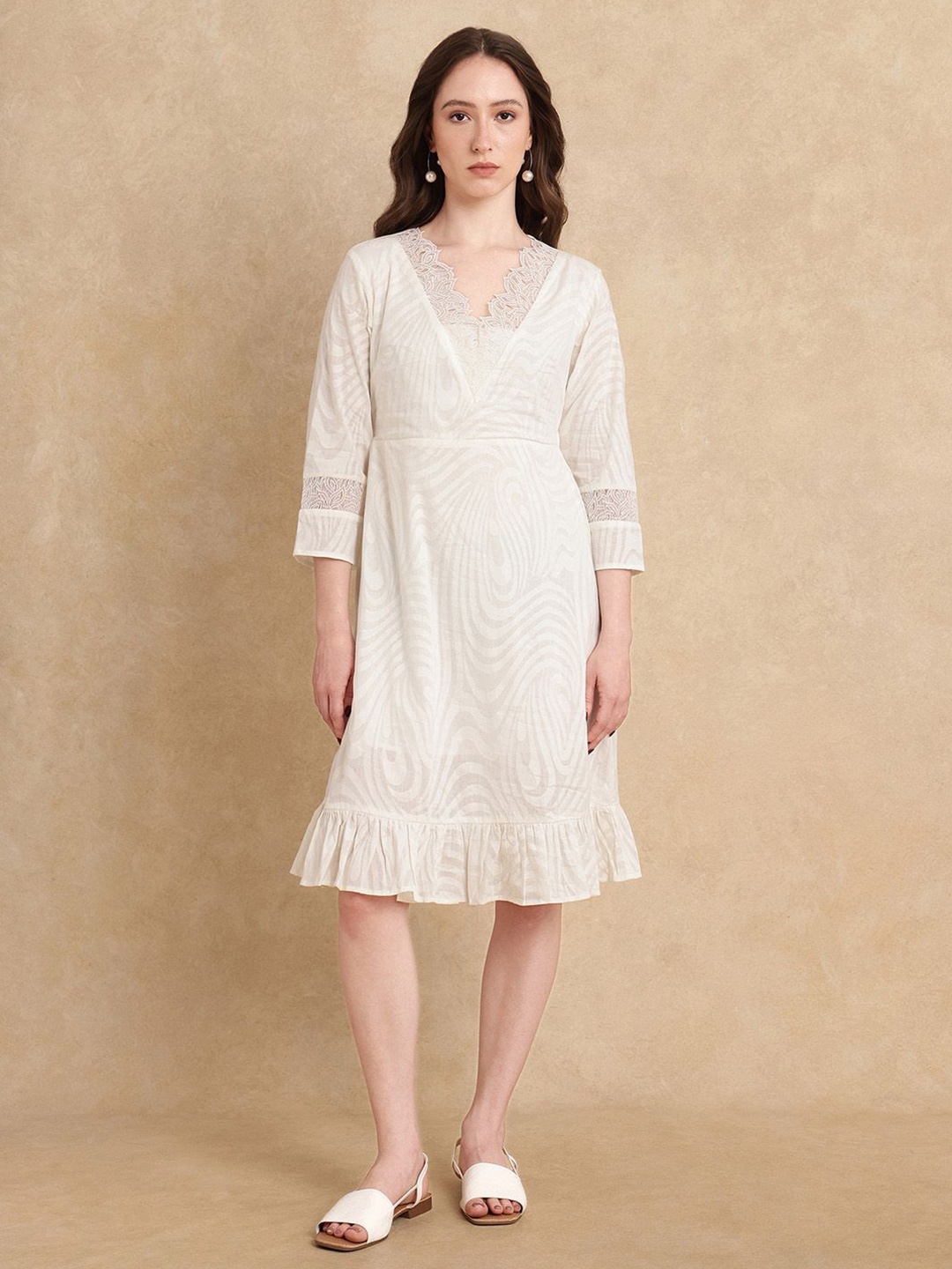 

RAREISM Embroidered Bell Sleeve Fit & Flare Dress, Off white