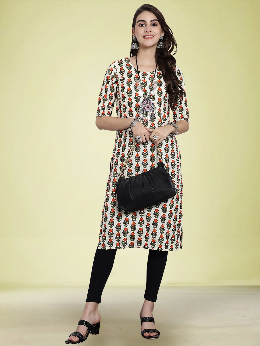 

Moda Rapido Floral Printed Round Neck Straight Kurta, White