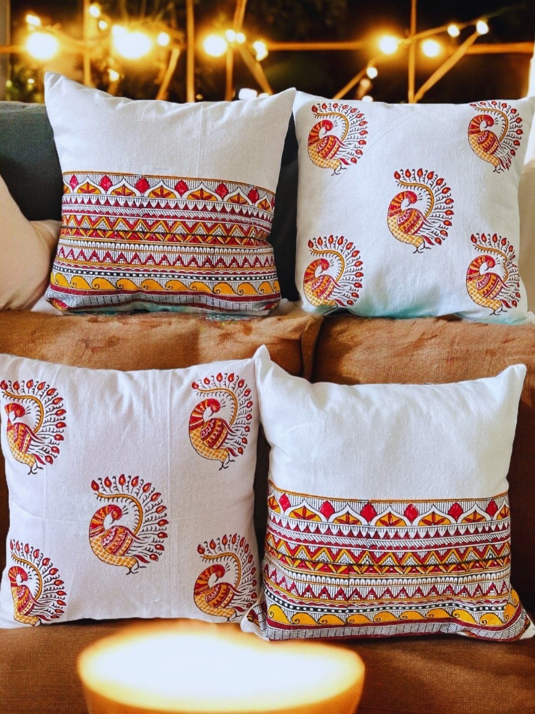 

PLAYFUL STITCHES White & Red Set of 4 Ethnic Motifs Square Cushion Covers