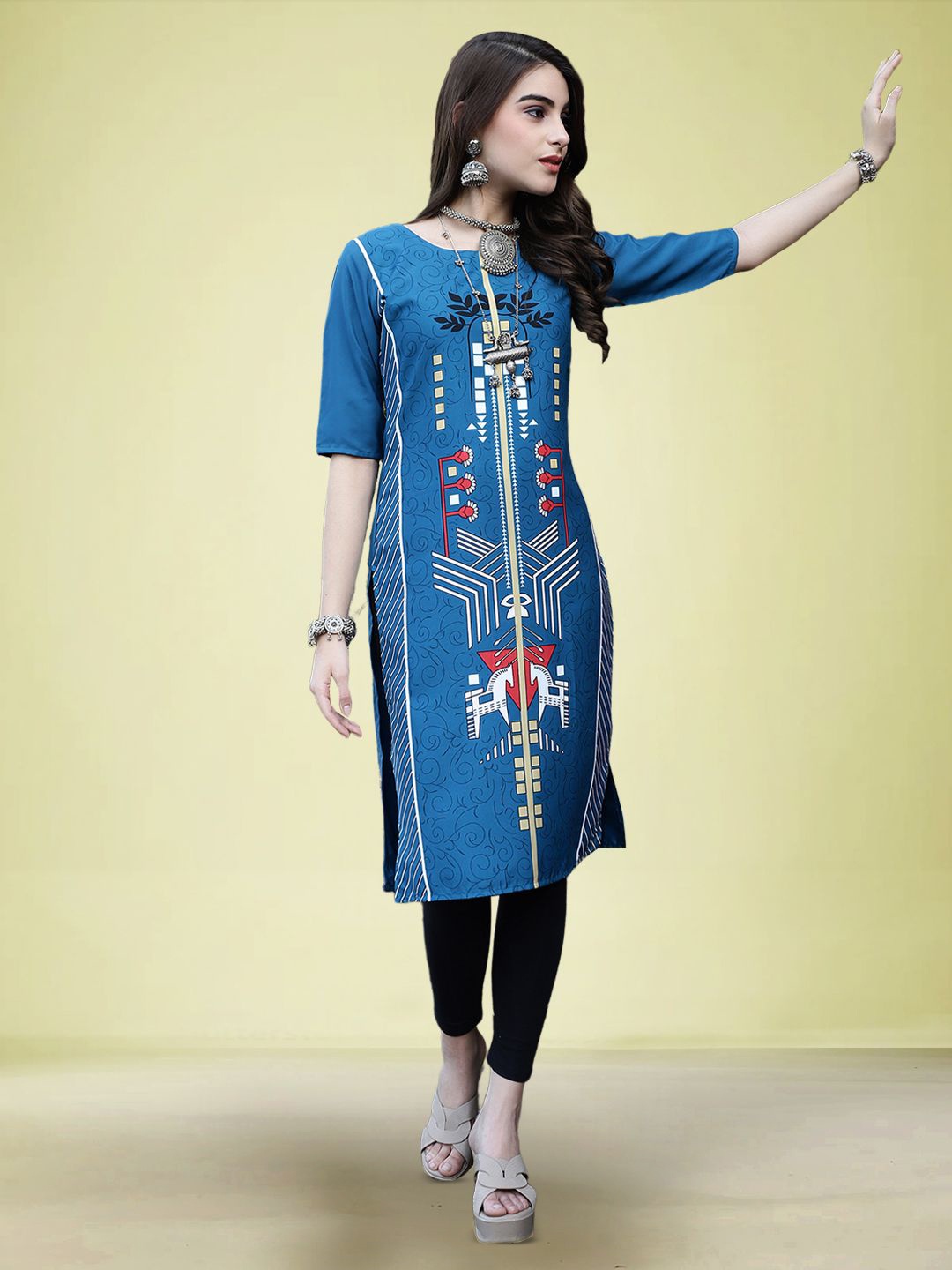 

Moda Rapido Ethnic Motifs Printed Round Neck Straight Kurta, Blue