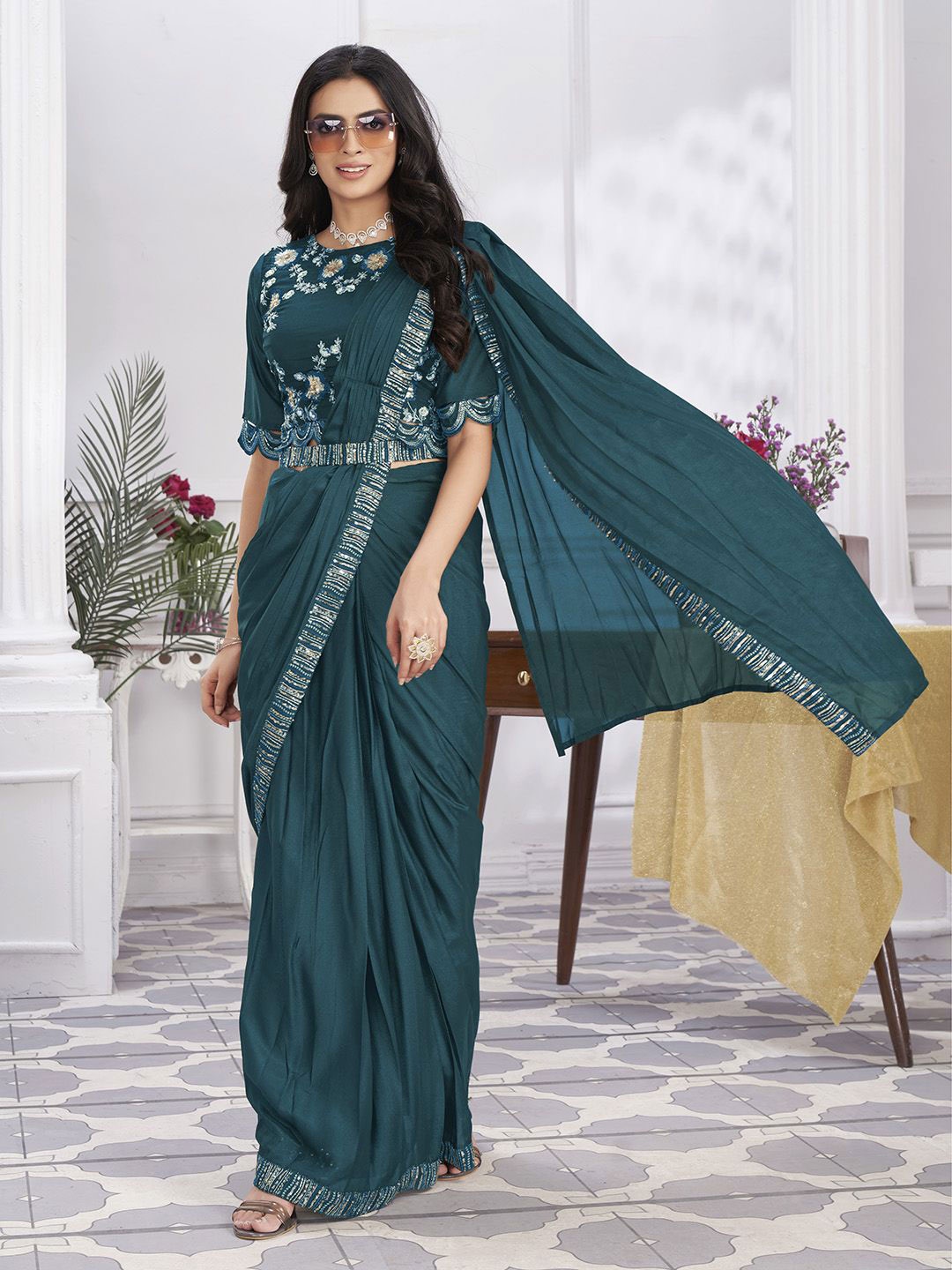 

Krimmple Embellished Pure Georgette Ready to Wear Saree, Teal