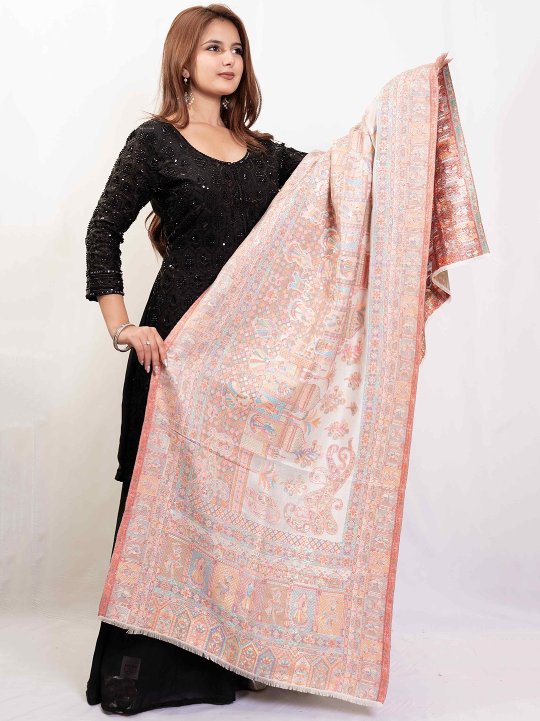 

PASHGIRI Ethnic Motifs Woven Design Pure Woollen Shawl, White