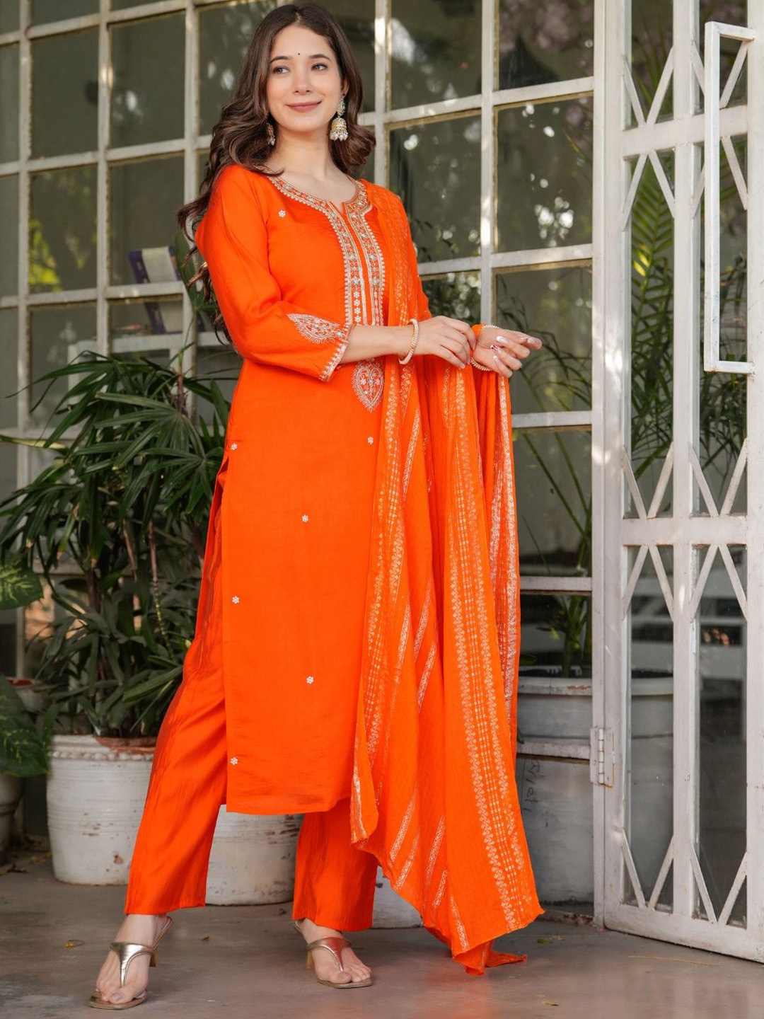 

KALINI Floral Embroidered Sequinned Notch Neck Straight Kurta With Trousers And Dupatta, Orange