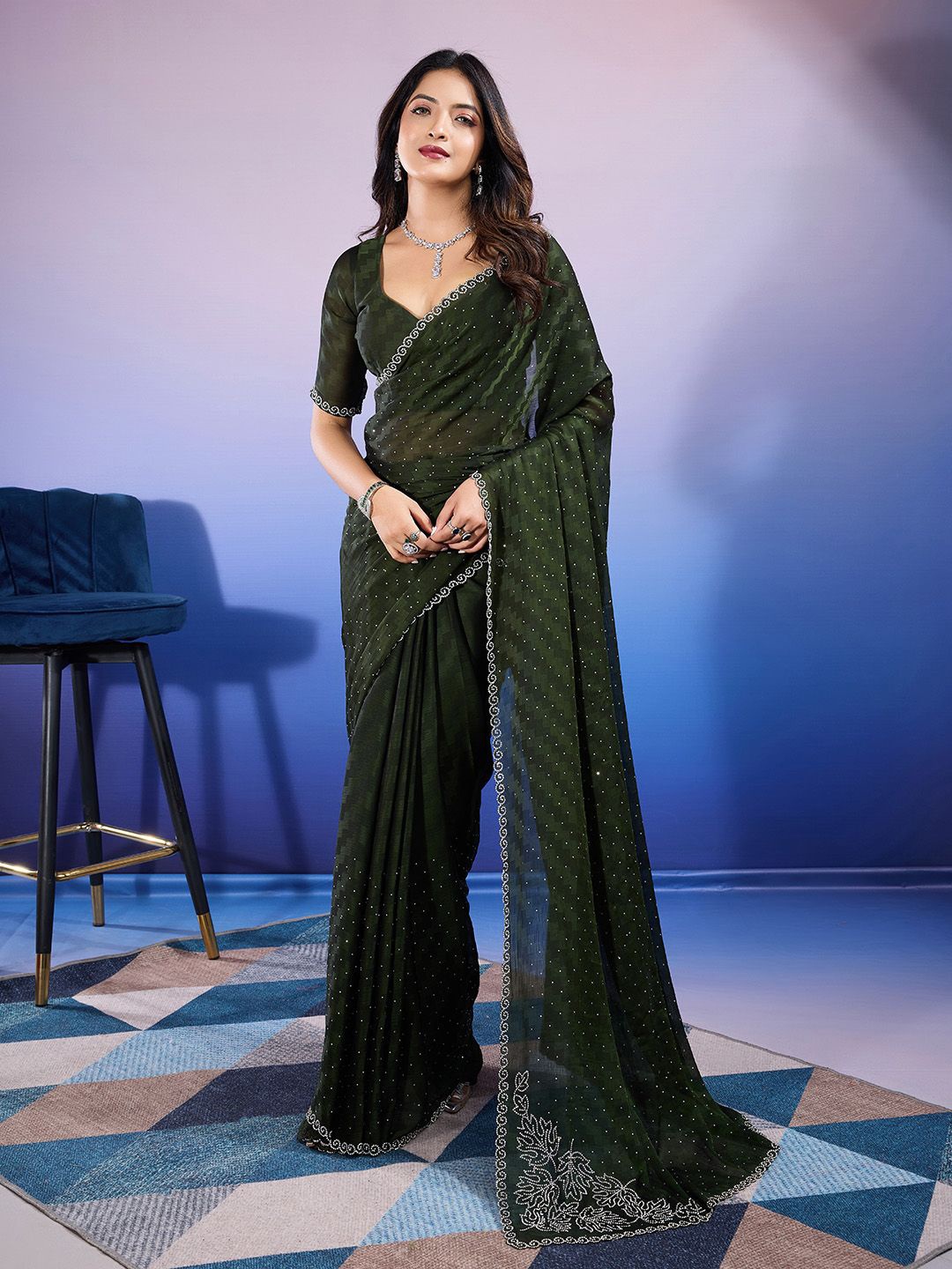 

Meena Bazaar Embellished Beads and Stones Saree, Green