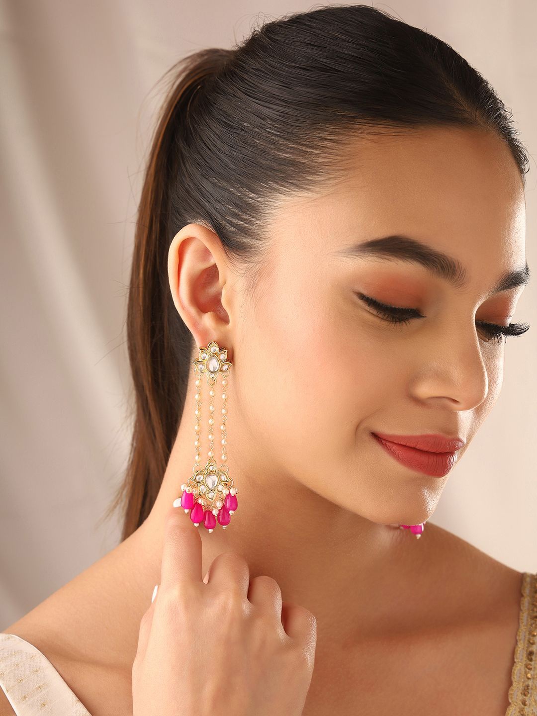 

Priyaasi Gold-Plated Contemporary Kundan & Beaded Drop Earrings