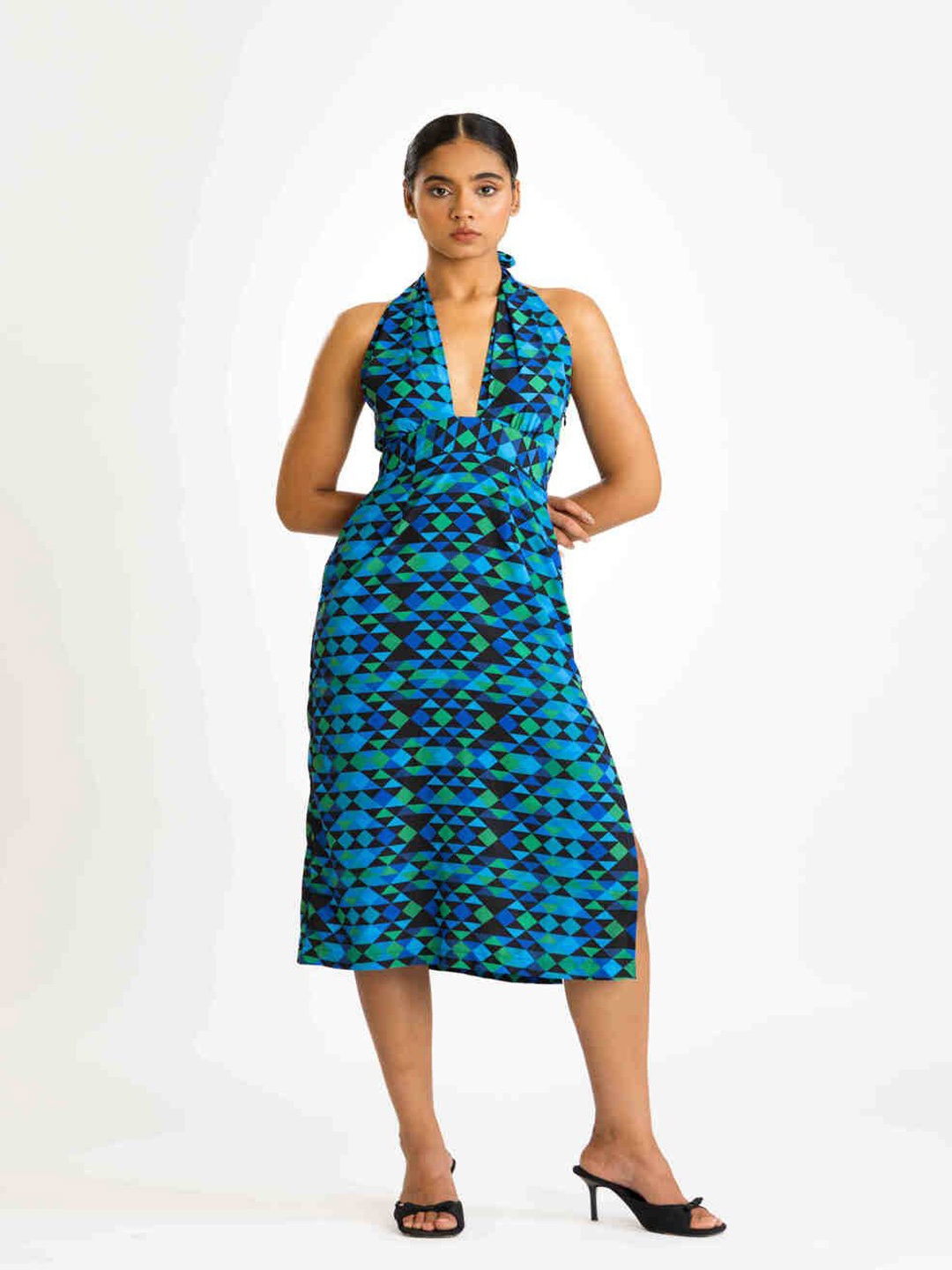 

Past Modern Women Geometric Printed Cotton A-Line Midi Dress, Blue