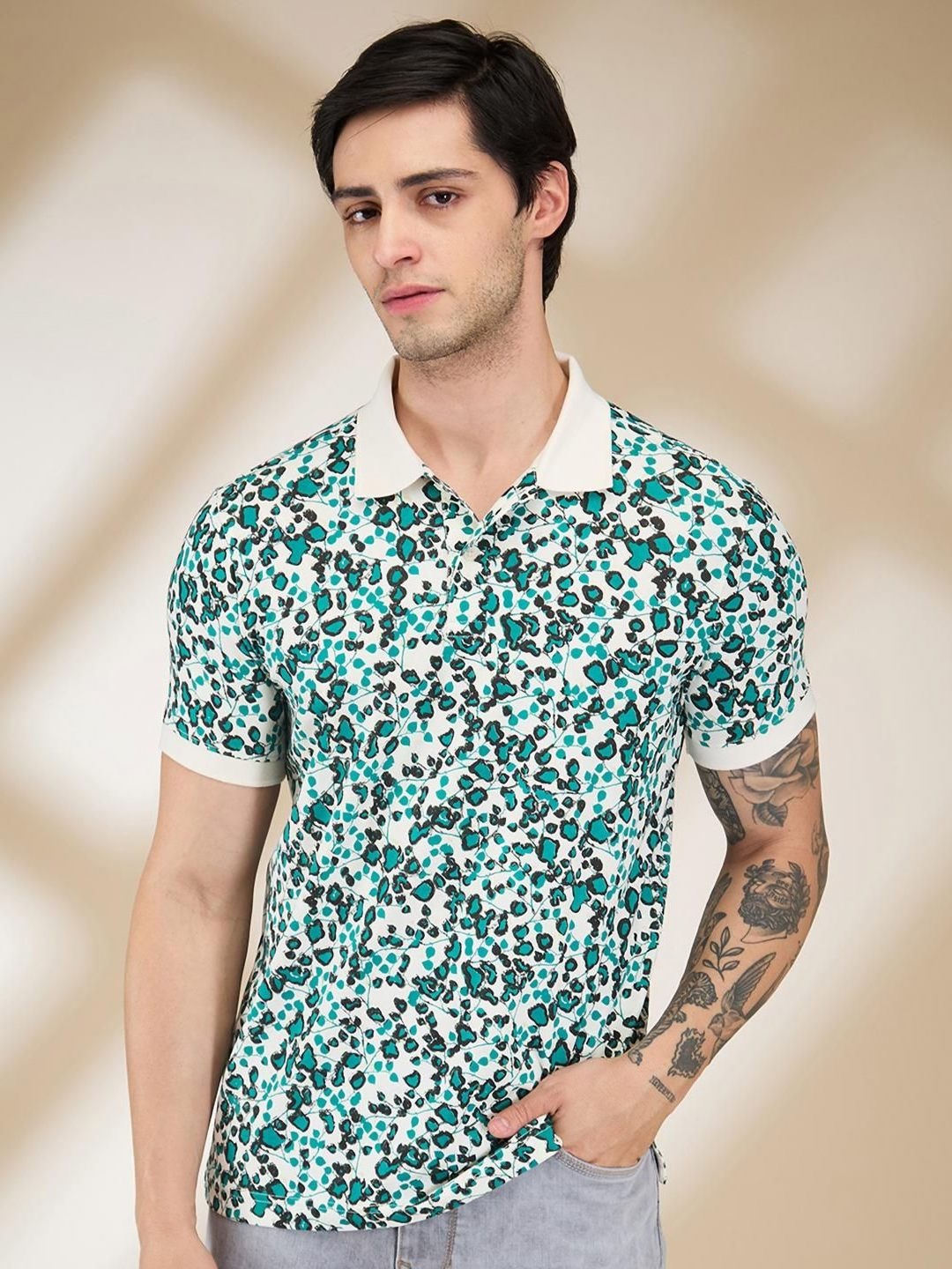 

Being Human Men Abstract Printed Polo Collar Slim Fit T-shirt, Off white