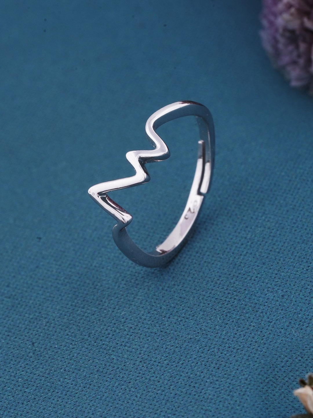 

Zalkari Sterling Silver Heartbeat Designed Rhodium-Plated CZ Adjustable Finger Ring