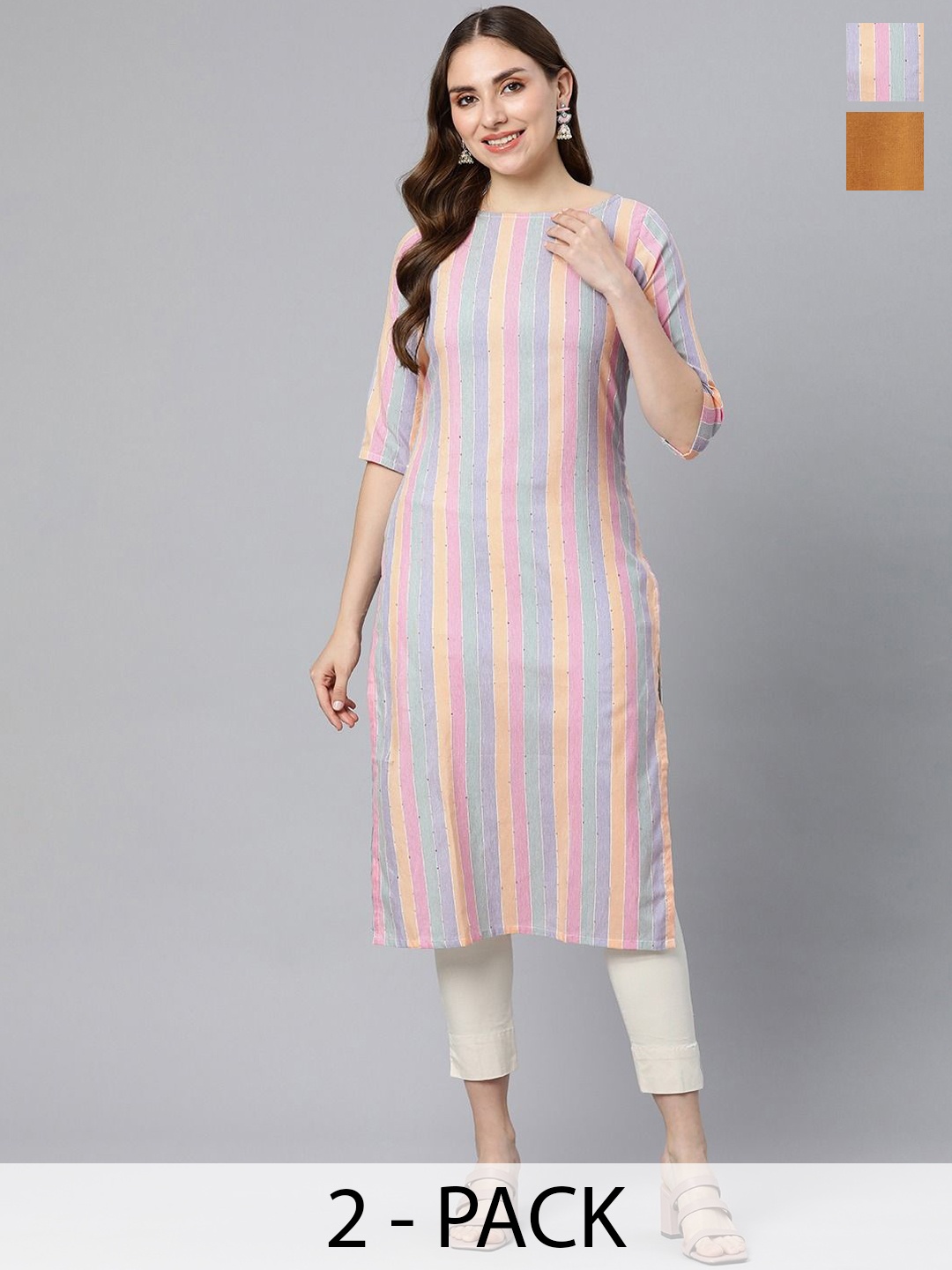 

KALINI Selection Of 2 Striped Round Neck Straight Kurtas, Pink