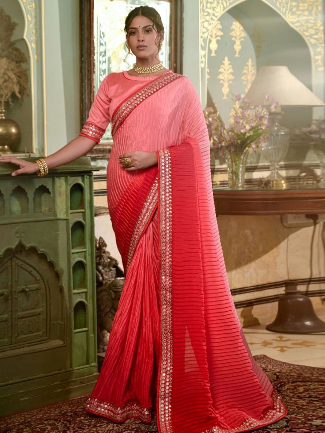 

Anouk Striped Sequinned Designer Saree, Pink