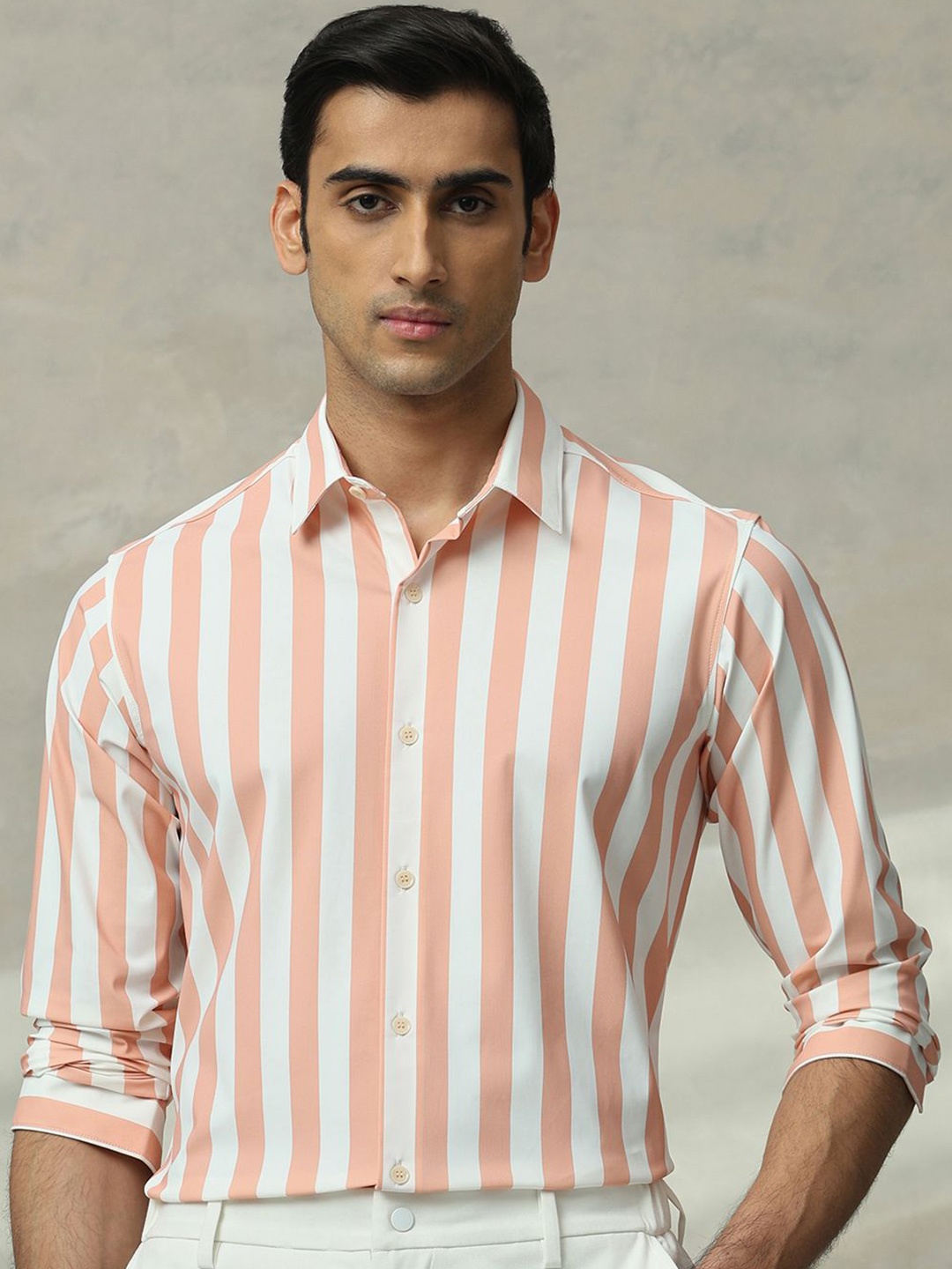 

Mufti Men Slim Fit Spread Collar Vertical Striped Casual Shirt, Peach