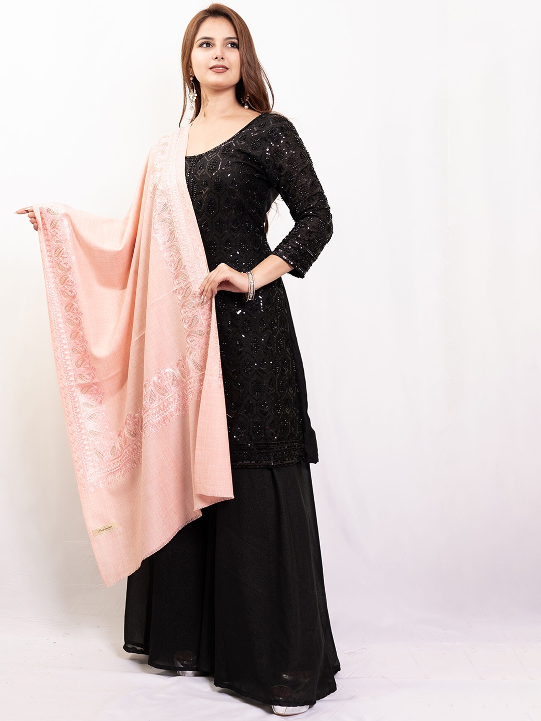 

PASHGIRI Ethnic Motifs Embroidered Woollen Shawl, Peach