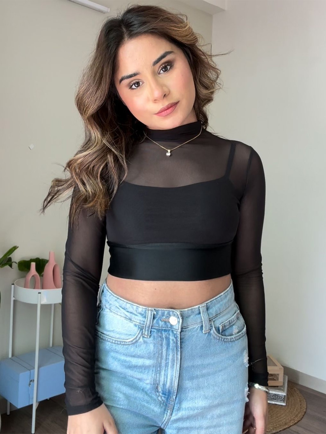 

HIGH BUY Choker Neck Net Crop Top, Black