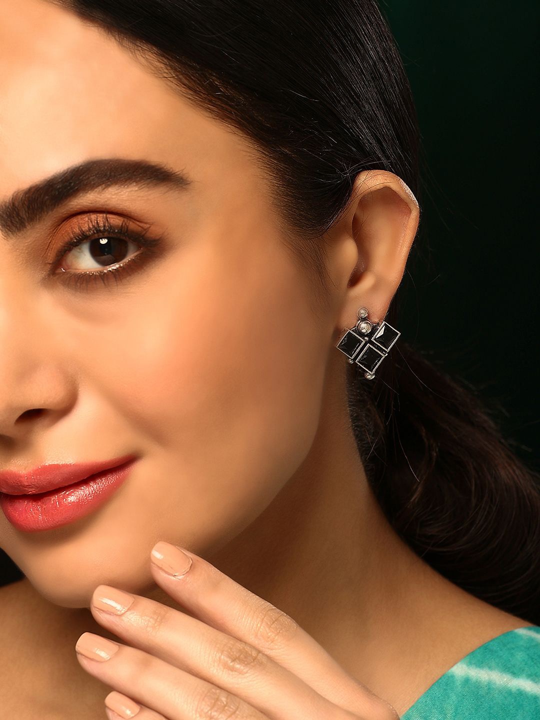 

Priyaasi Silver Plated Stone Studded Oxidized Square Shaped Studs