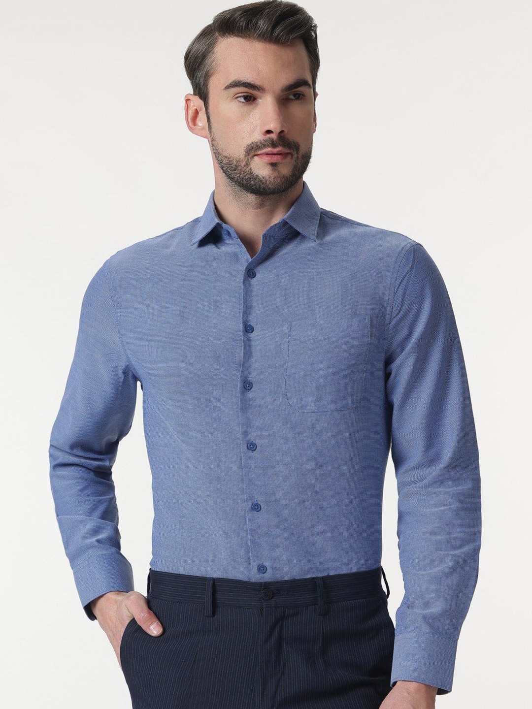 

Marks & Spencer Men Spread Collar Textured Cotton Formal Shirt, Blue