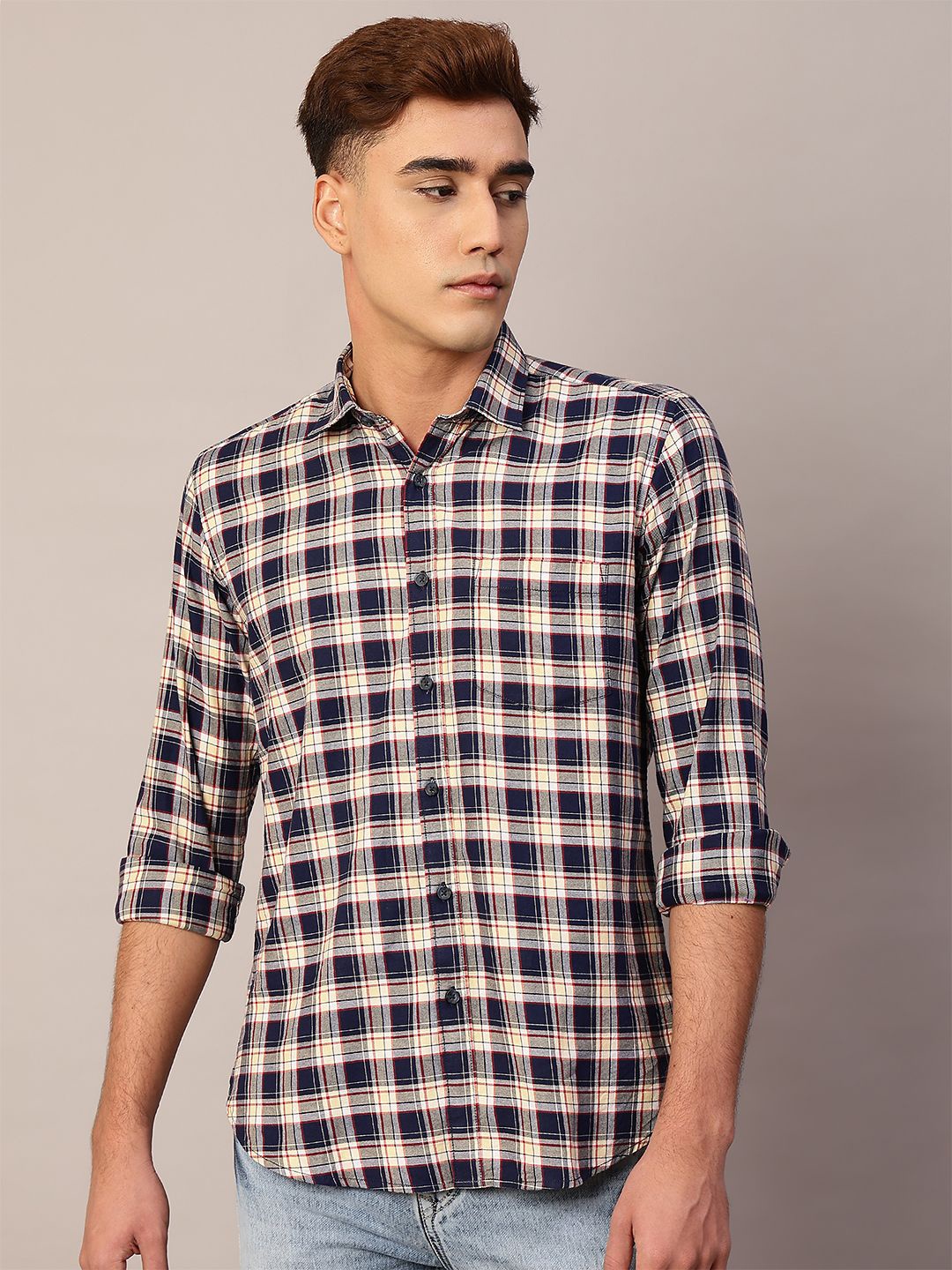 

TQS Men Shepherd Checks Opaque Checked Casual Shirt, Navy blue