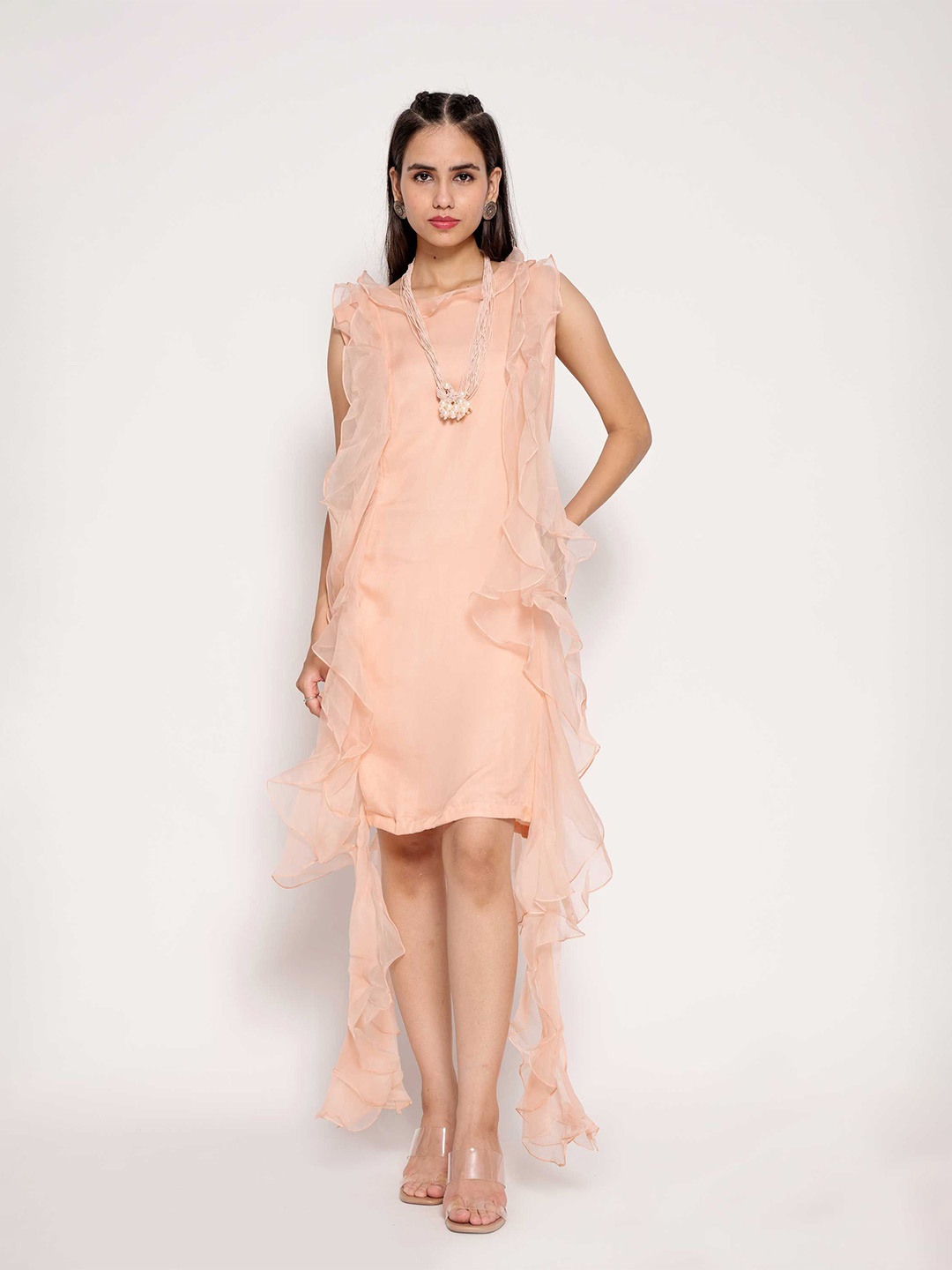 

AFFAIRE'S BY LEVELL5 Women Ruffled Satin A-Line Dress, Peach