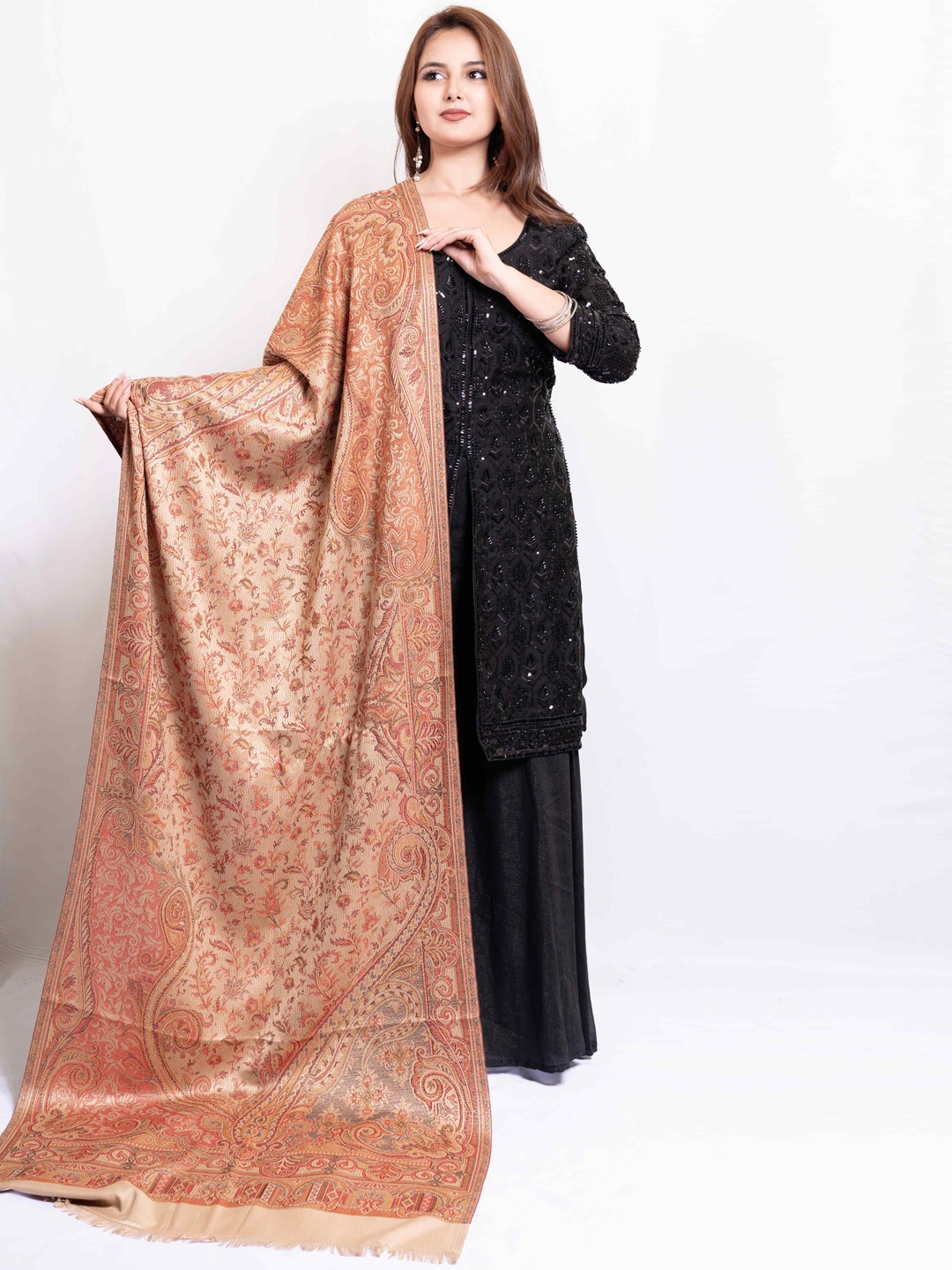 

PASHGIRI Ethnic Motifs Embroidered Woolen Shawl, Beige