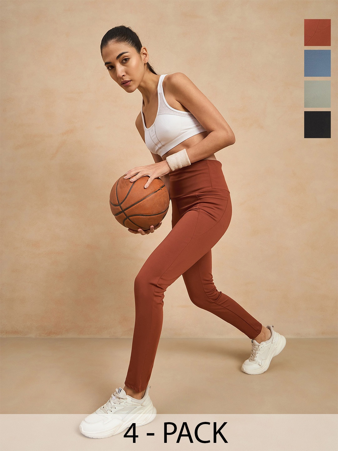 

COLOR CAPITAL Women Pack of 4 Skinny Fit Antimicrobial Ankle Length Gym Tights, Rust