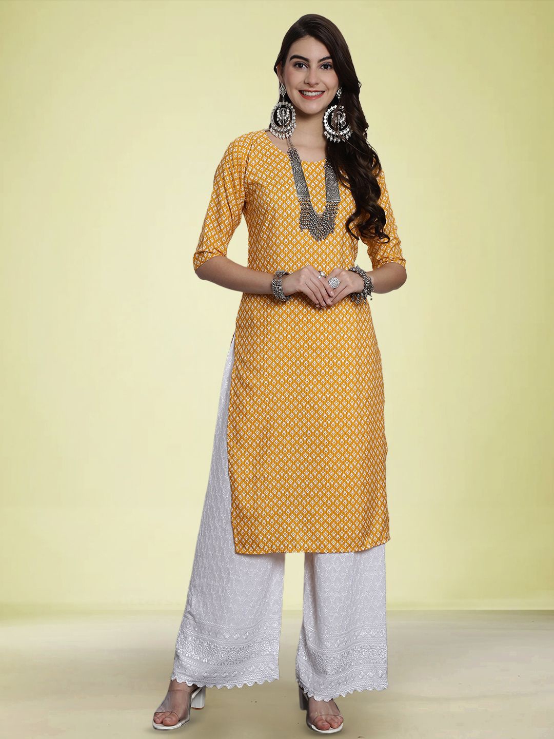 

Moda Rapido Ethnic Motifs Round Neck Straight Kurta, Mustard