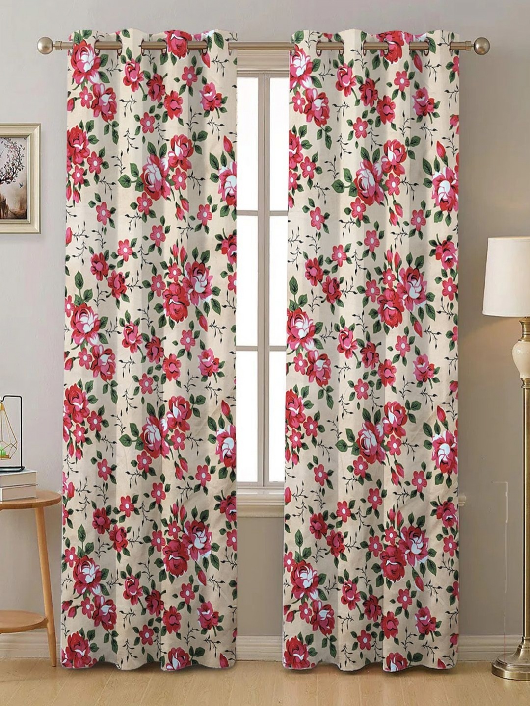 

ANA Red & Cream-Coloured Set of 2 Floral Room Darkening Long Door Curtain