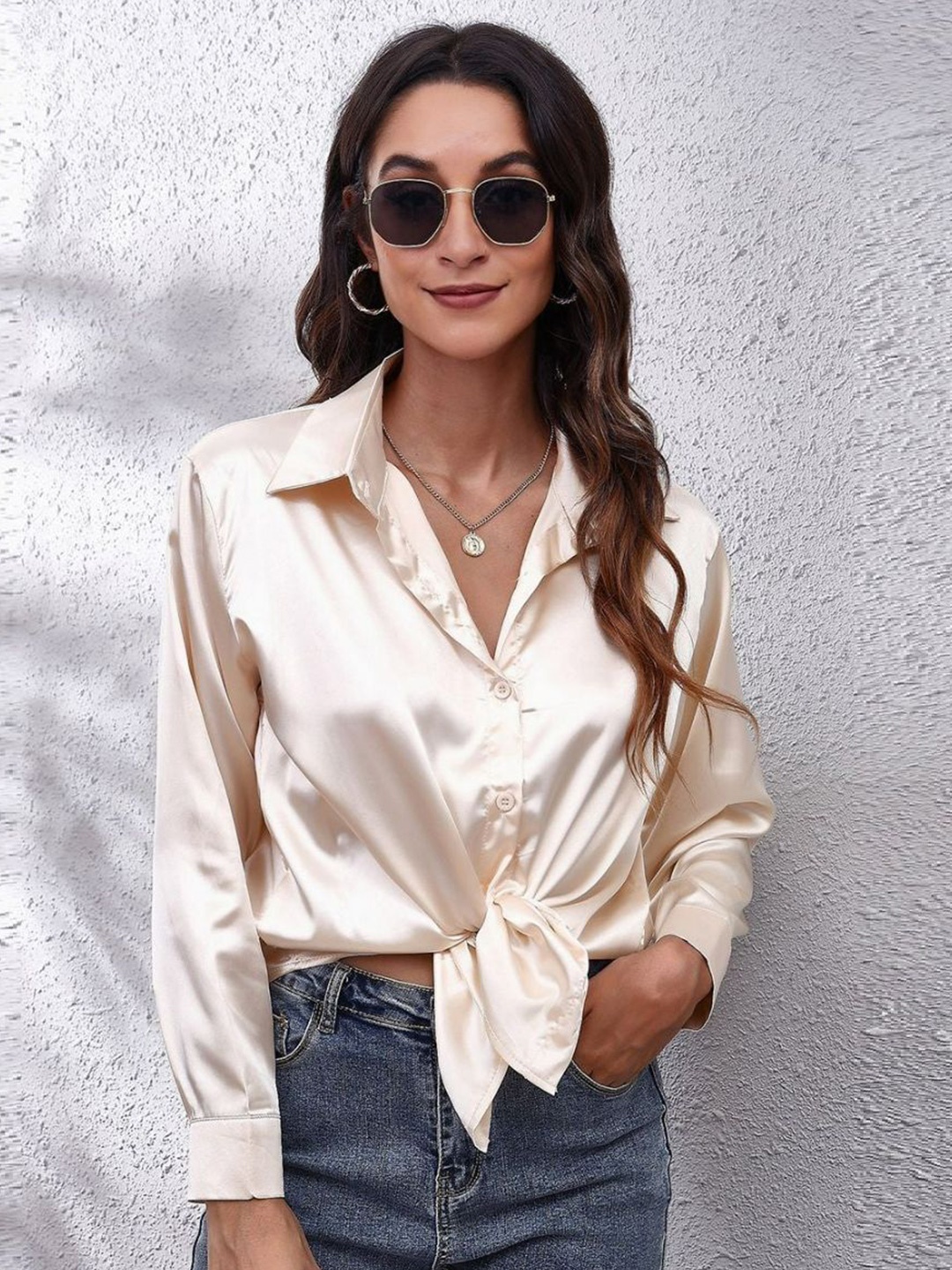 

Oh Rare Women Relaxed Fit Spread Collar Solid Casual Shirt, Champagne