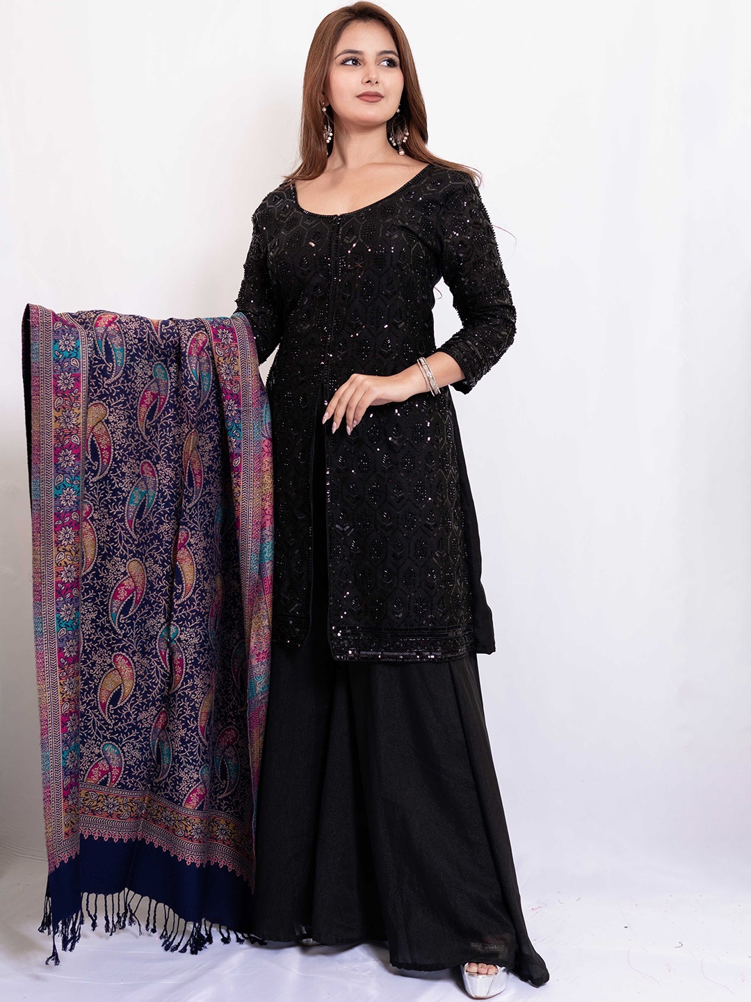

PASHGIRI Ethnic Motifs Embroidered Shawl, Navy blue