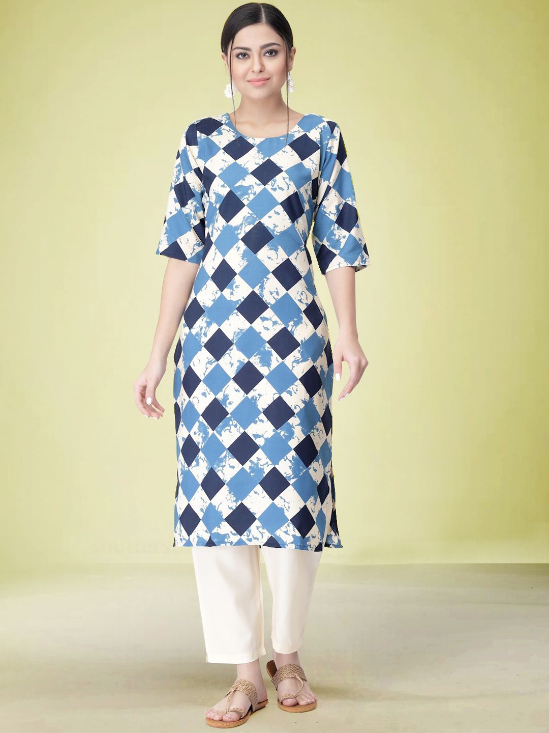 

Moda Rapido Geometric Printed Round Neck Straight Kurta with Trousers, Blue
